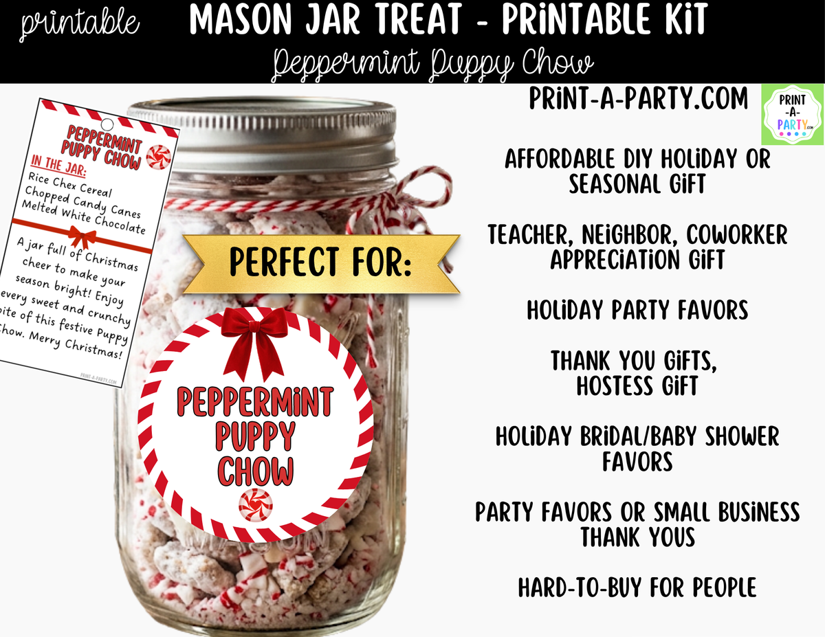 Peppermint Puppy Chow Jar Kit | Labels, Tag, Recipe & Instructions