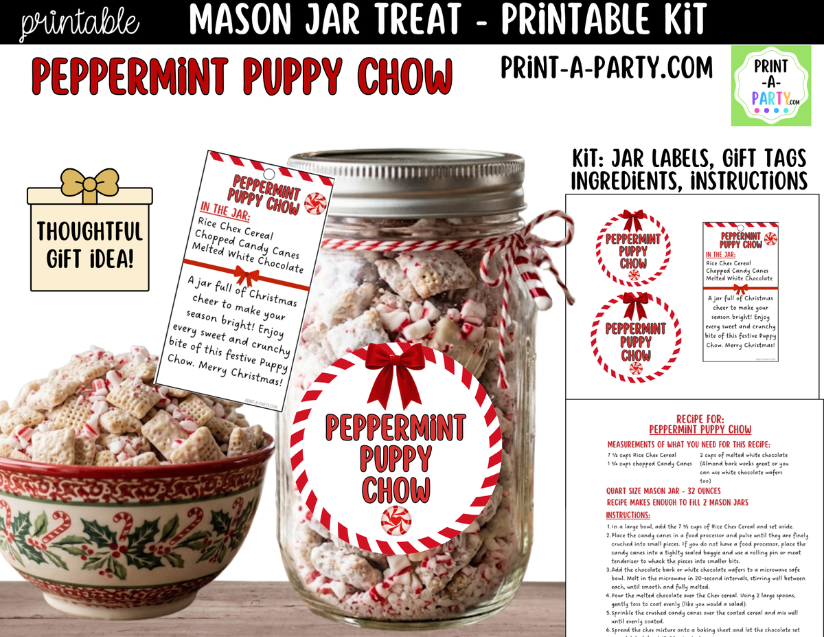 Peppermint Puppy Chow Jar Kit | Labels, Tag, Recipe & Instructions