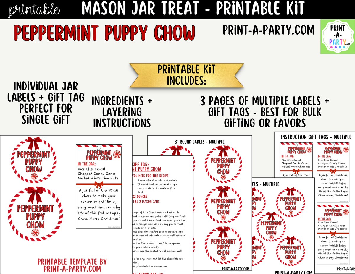 Peppermint Puppy Chow Jar Kit | Labels, Tag, Recipe & Instructions