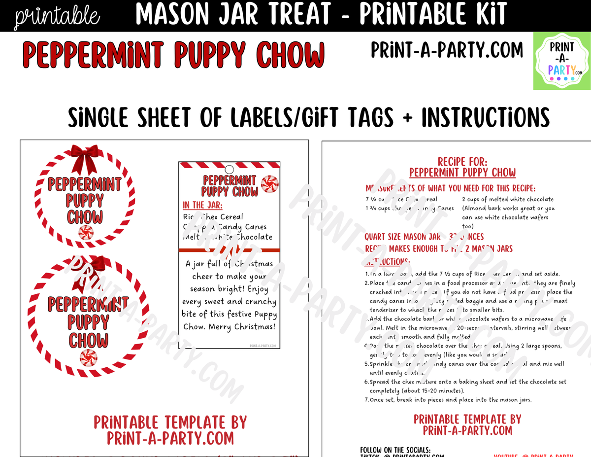 Peppermint Puppy Chow Jar Kit | Labels, Tag, Recipe & Instructions