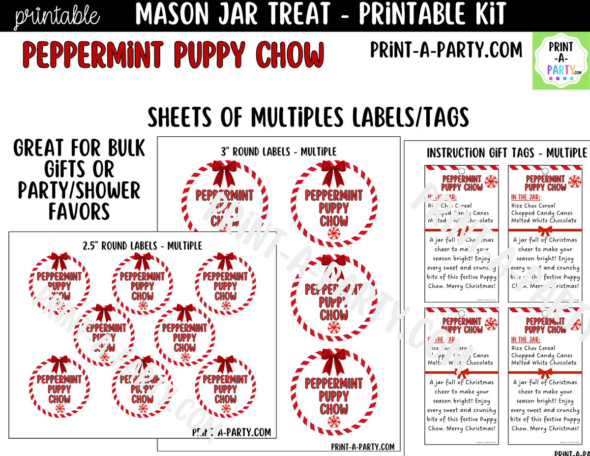 Peppermint Puppy Chow Jar Kit | Labels, Tag, Recipe & Instructions