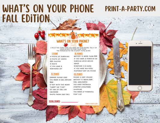 What's On Your Phone – Fall Edition Printable Game – Fun Autumn Party Activity for Classrooms, Gatherings and more