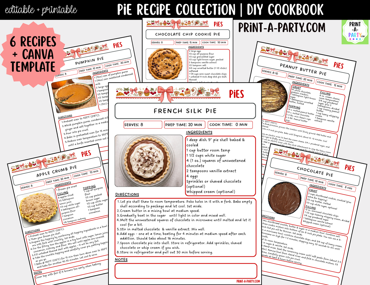Pie Recipe Pages Printable & Editable Cookbook Set