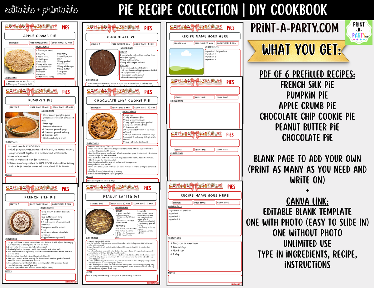 Pie Recipe Pages Printable & Editable Cookbook Set