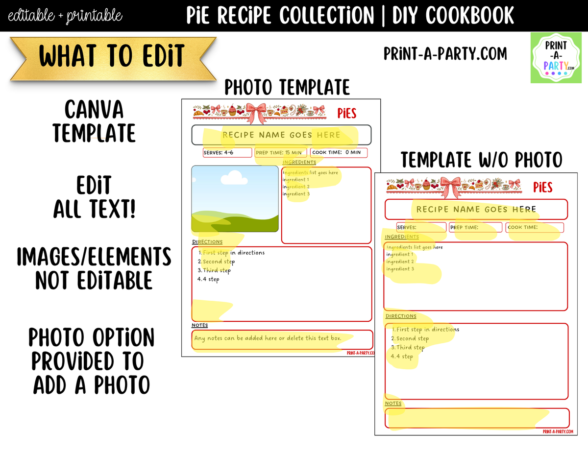 Pie Recipe Pages Printable & Editable Cookbook Set