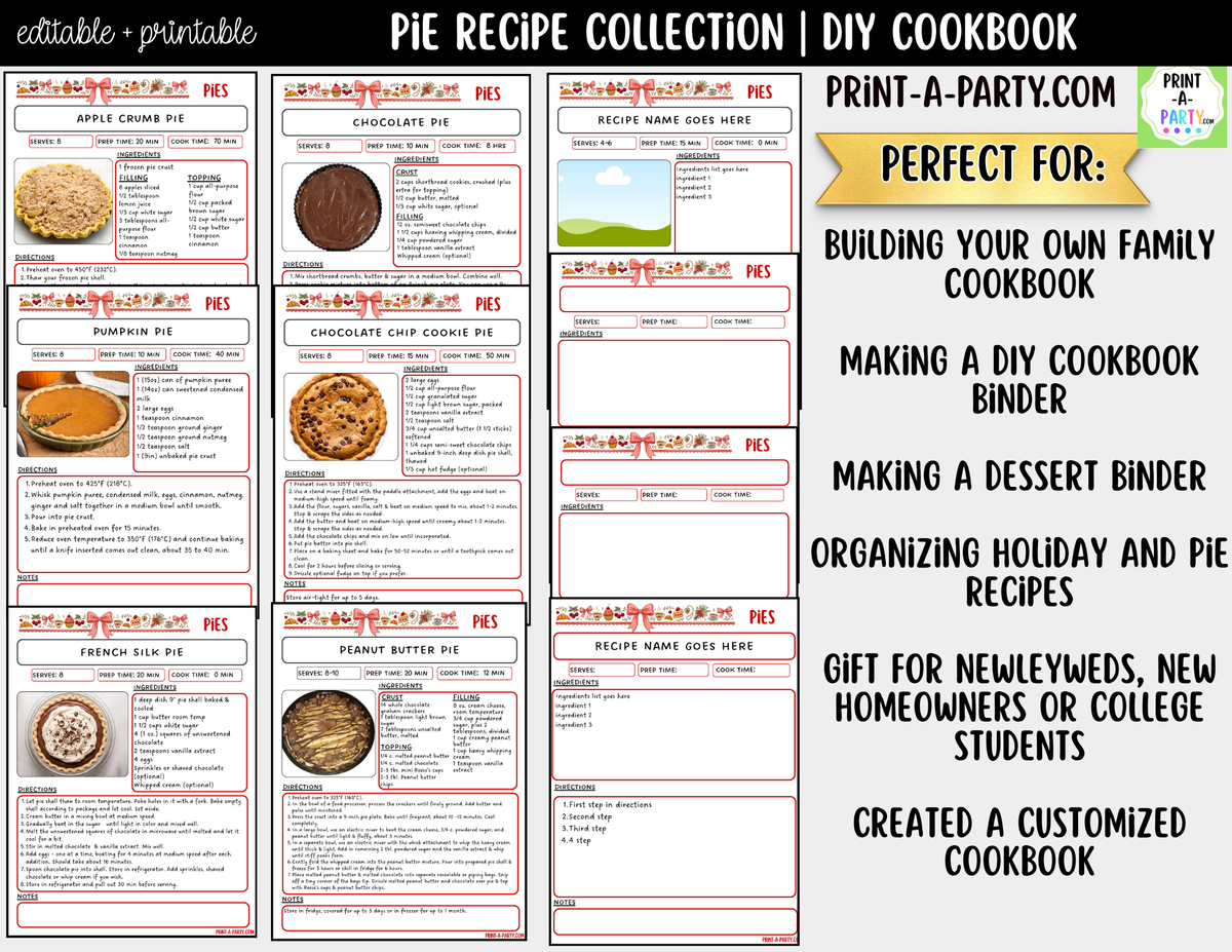 Pie Recipe Pages Printable & Editable Cookbook Set