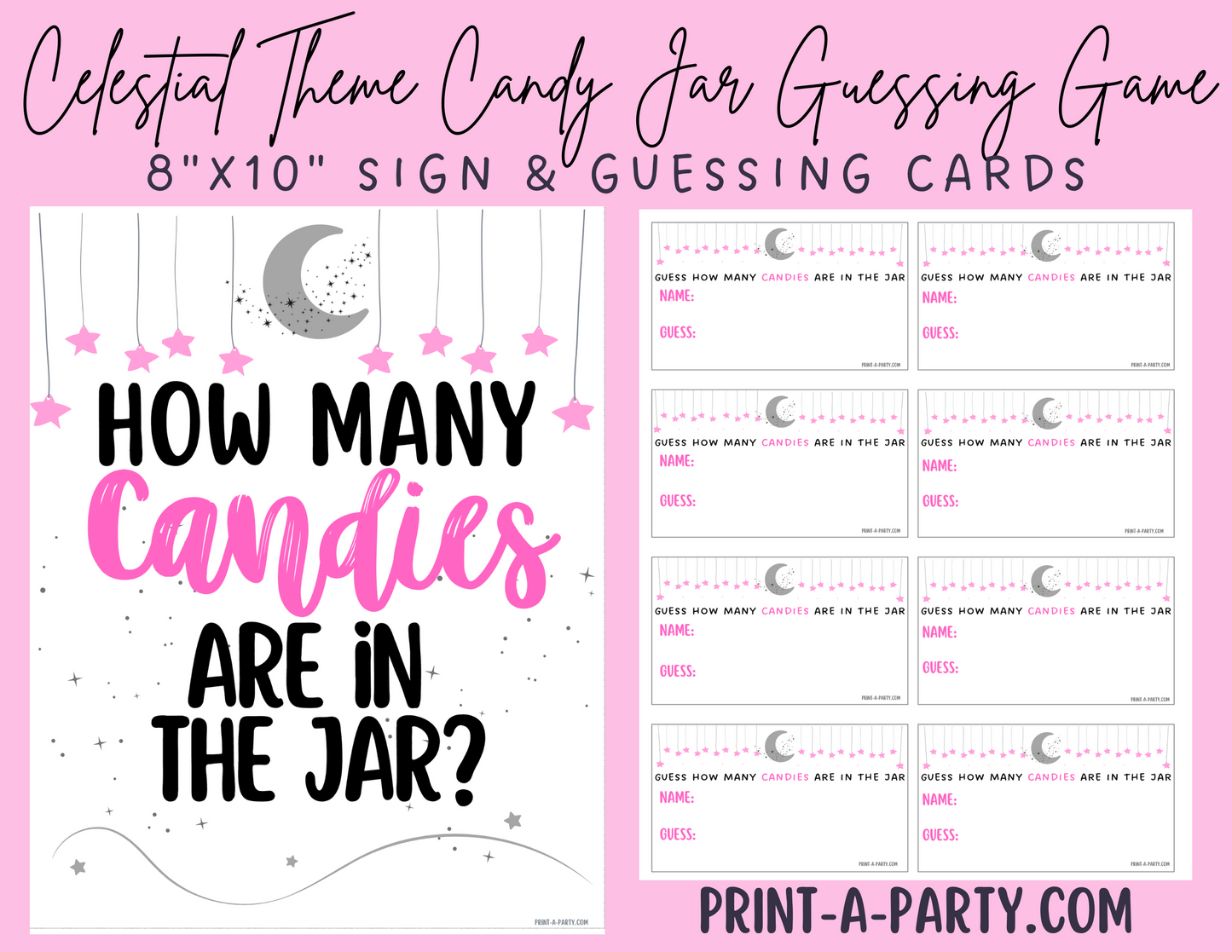 CANDY JAR GUESSING GAME | How many candies in jar | Celestial Moon and Stars Theme Pink GIrl | Baby Shower Game | Celestial Moon and Stars Baby Shower | Celestial Moon and Stars Party | Printable