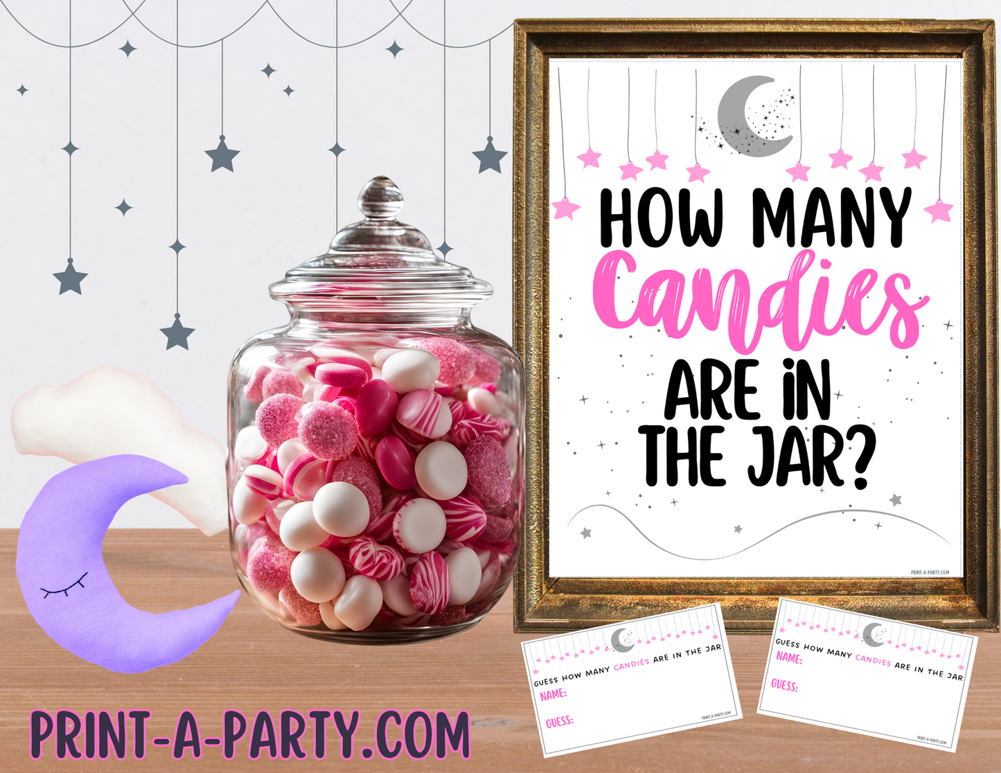 CANDY JAR GUESSING GAME | How many candies in jar | Celestial Moon and Stars Theme Pink GIrl | Baby Shower Game | Celestial Moon and Stars Baby Shower | Celestial Moon and Stars Party | Printable