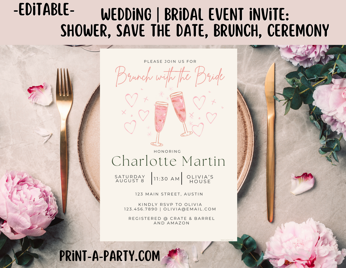 BRIDAL OR WEDDING EVENT - EDITABLE INVITATION: BRIDAL SHOWER, BRUNCH, SAVE THE DATE INVITATION - EDITABLE PRINTABLE | Wedding Shower| Save the Date | Bridal Brunch | Pink Champagne