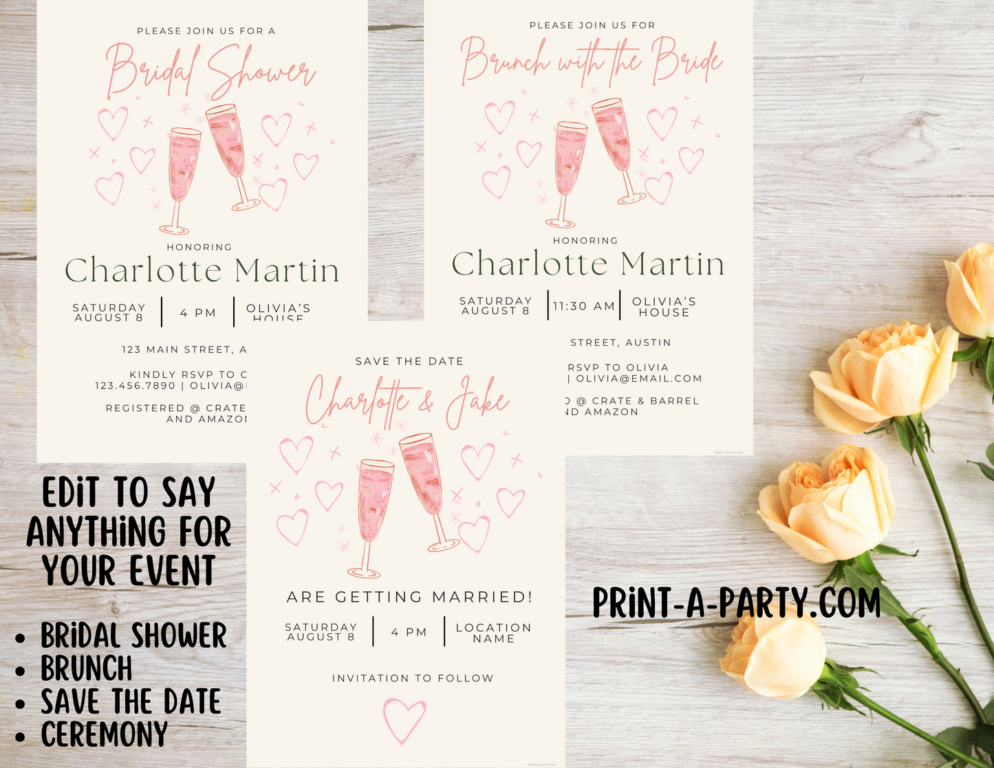 BRIDAL OR WEDDING EVENT - EDITABLE INVITATION: BRIDAL SHOWER, BRUNCH, SAVE THE DATE INVITATION - EDITABLE PRINTABLE | Wedding Shower| Save the Date | Bridal Brunch | Pink Champagne