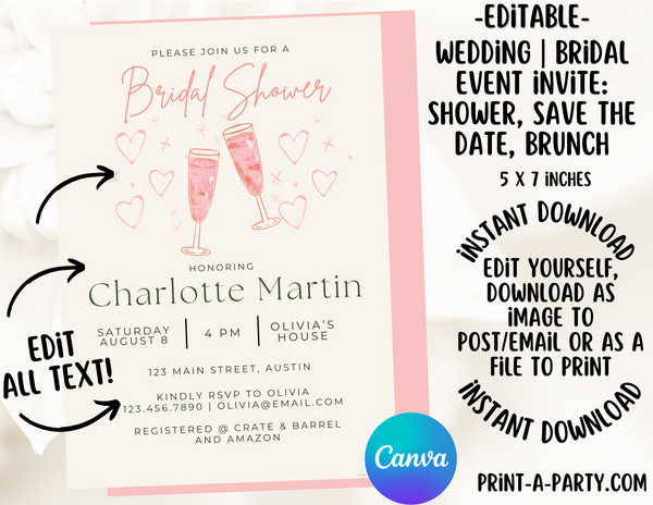 BRIDAL OR WEDDING EVENT - EDITABLE INVITATION: BRIDAL SHOWER, BRUNCH, SAVE THE DATE INVITATION - EDITABLE PRINTABLE | Wedding Shower| Save the Date | Bridal Brunch | Pink Champagne