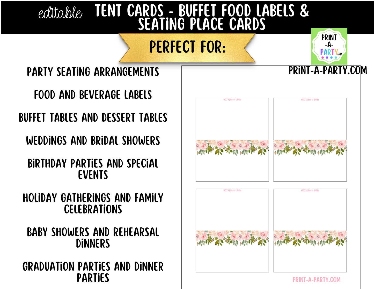 Editable Pink Floral Buffet Labels and Place Cards for Elegant Events and Celebrations