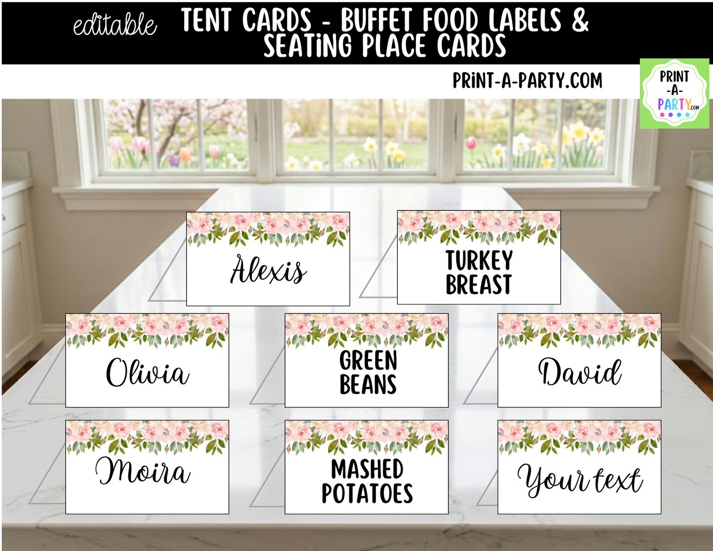Editable Pink Floral Buffet Labels and Place Cards for Elegant Events and Celebrations