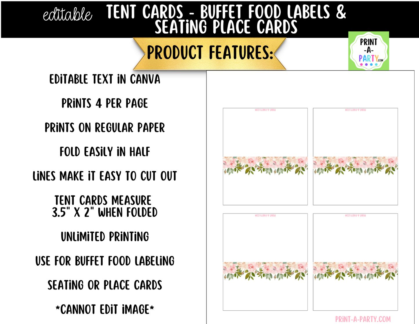 Editable Pink Floral Buffet Labels and Place Cards for Elegant Events and Celebrations