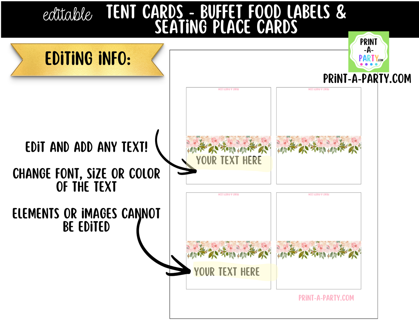 Editable Pink Floral Buffet Labels and Place Cards for Elegant Events and Celebrations
