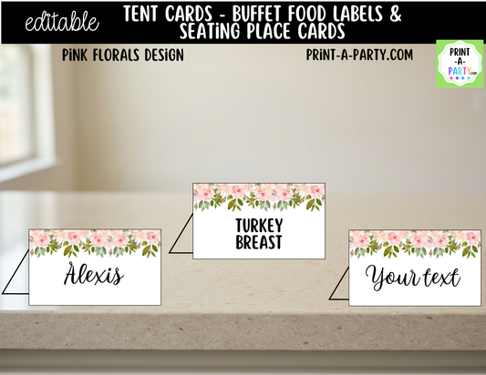 Editable Pink Floral Buffet Labels and Place Cards for Elegant Events and Celebrations