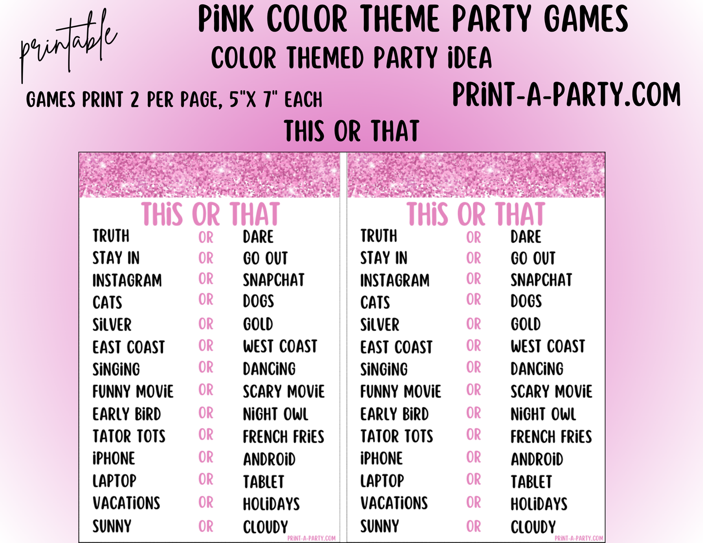 GAMES: COLOR PARTY PINK THEME | Color Party | Pink Party Games | Pink Party Ideas | INSTANT DOWNLOAD