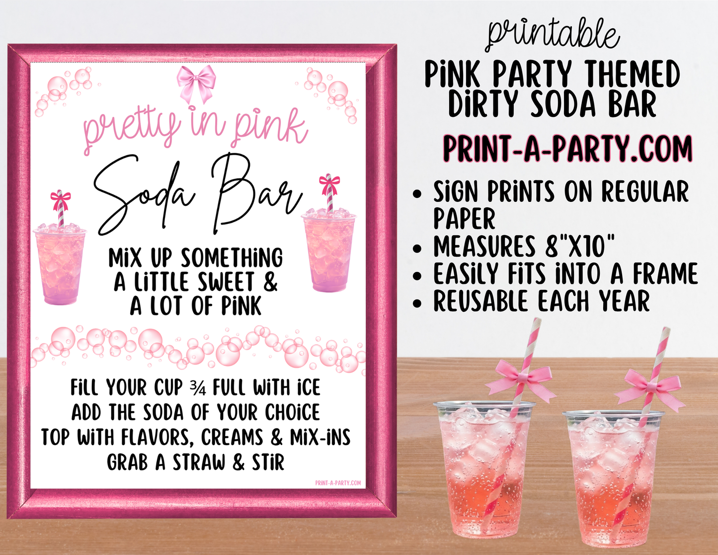SODA BAR - Printable Pink Themed "Dirty" Soda Bar - Sign & Recipe Tent Cards (12 recipes!)