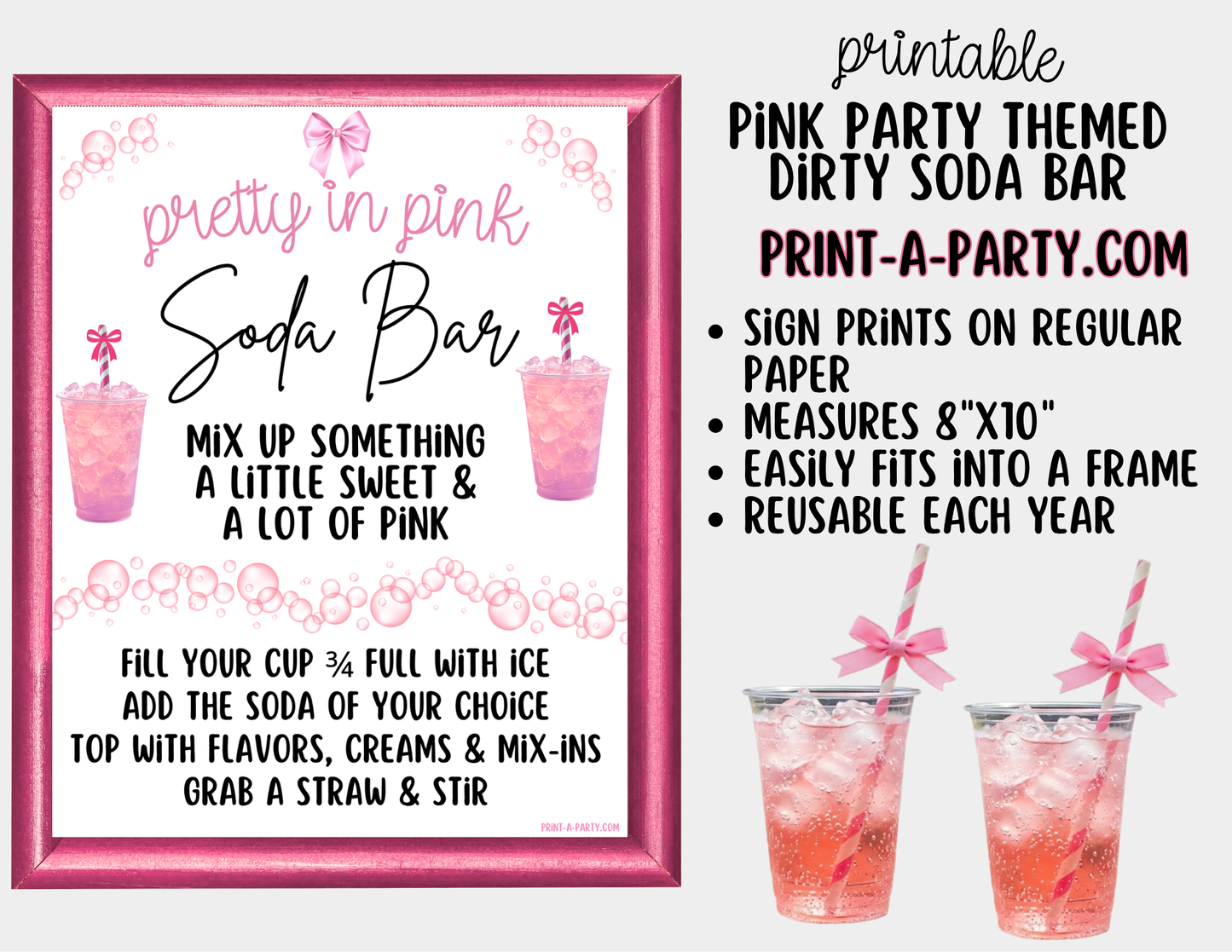 Pretty in Pink Themed "Dirty" Soda Bar - Sign (8x10), Recipe Tent Cards (12 recipes!) + Shopping list