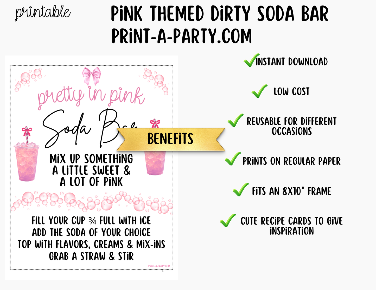 SODA BAR - Printable Pink Themed "Dirty" Soda Bar - Sign & Recipe Tent Cards (12 recipes!)