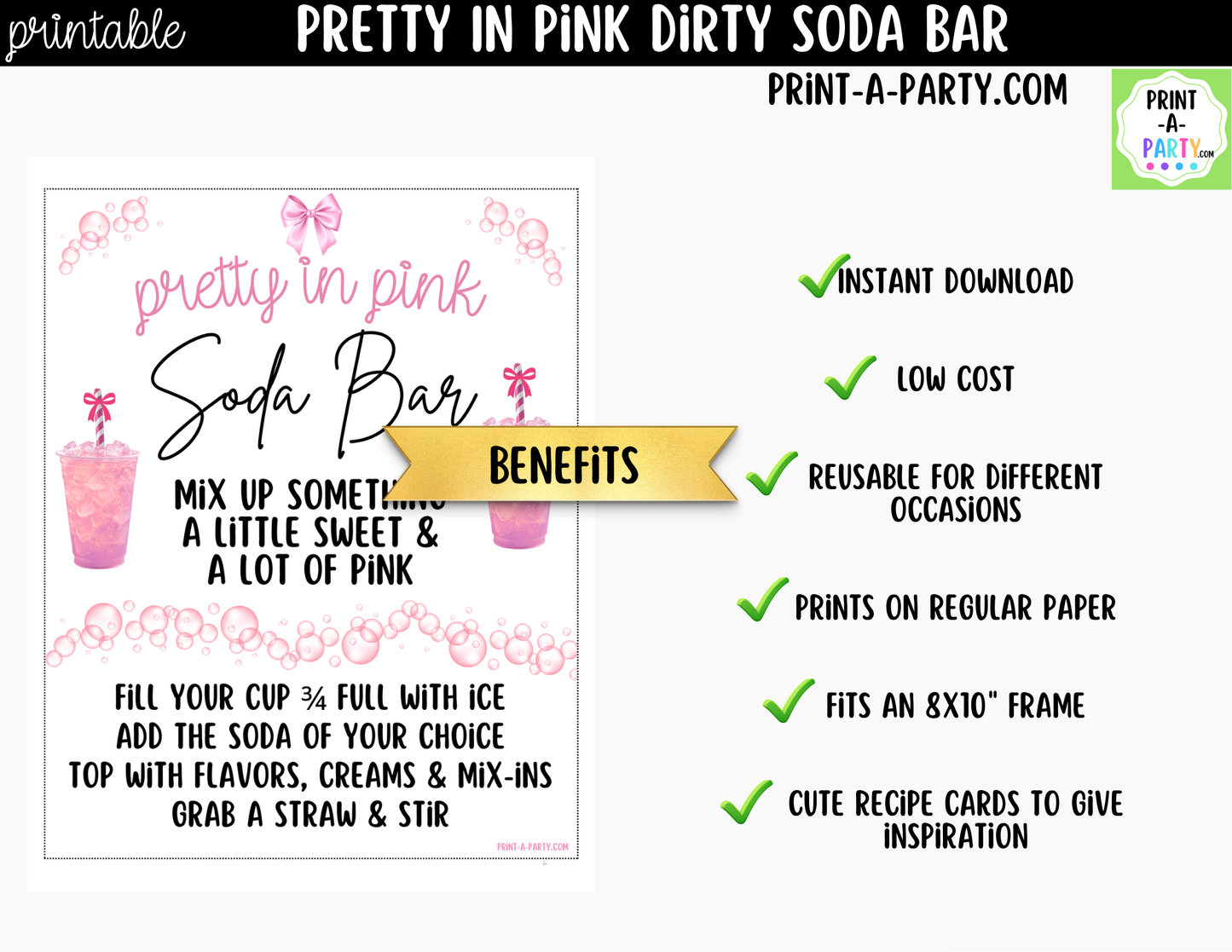 Pretty in Pink Themed "Dirty" Soda Bar - Sign (8x10), Recipe Tent Cards (12 recipes!) + Shopping list