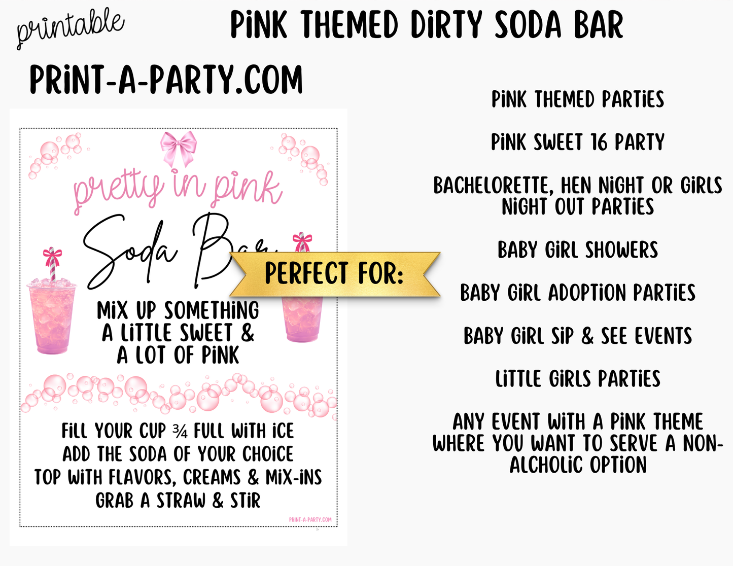 SODA BAR - Printable Pink Themed "Dirty" Soda Bar - Sign & Recipe Tent Cards (12 recipes!)