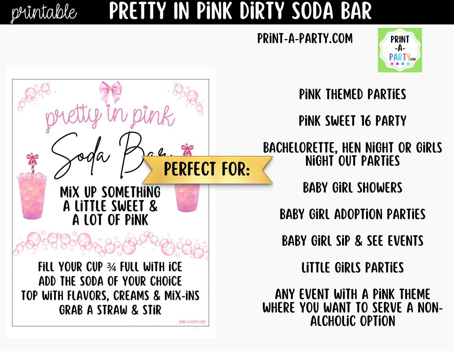 Pretty in Pink Themed "Dirty" Soda Bar - Sign (8x10), Recipe Tent Cards (12 recipes!) + Shopping list