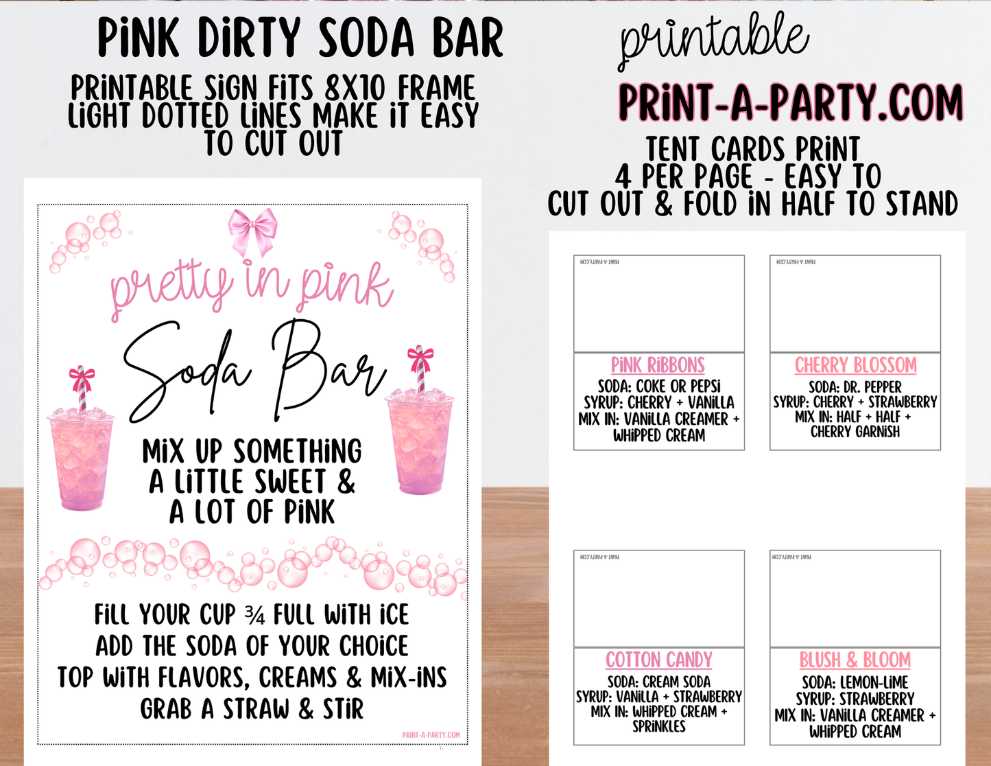 SODA BAR - Printable Pink Themed "Dirty" Soda Bar - Sign & Recipe Tent Cards (12 recipes!)