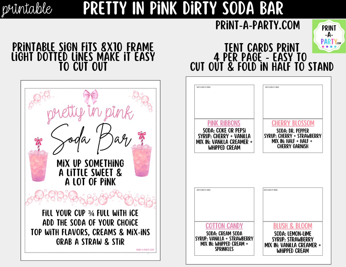 Pretty in Pink Themed "Dirty" Soda Bar - Sign (8x10), Recipe Tent Cards (12 recipes!) + Shopping list