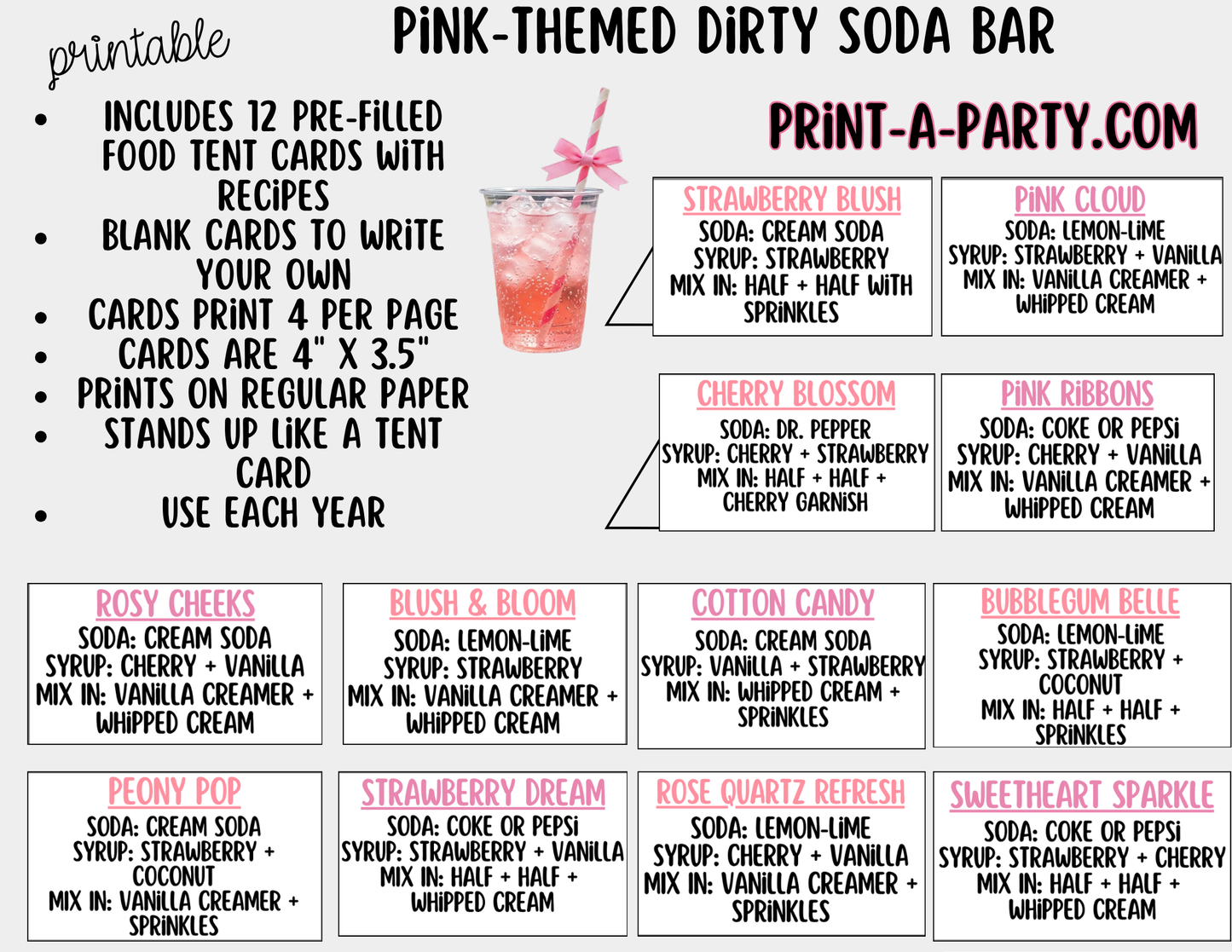 SODA BAR - Printable Pink Themed "Dirty" Soda Bar - Sign & Recipe Tent Cards (12 recipes!)