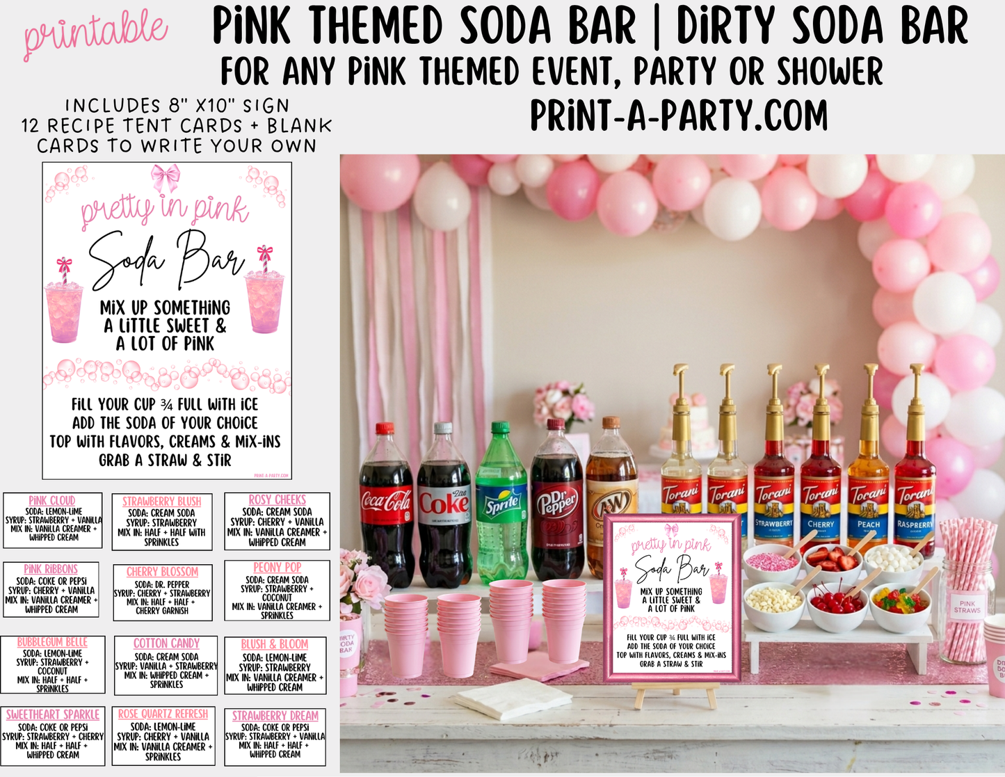 SODA BAR - Printable Pink Themed "Dirty" Soda Bar - Sign & Recipe Tent Cards (12 recipes!)
