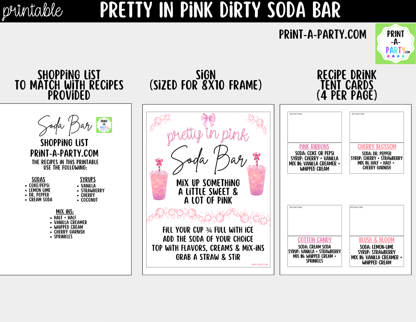 Pretty in Pink Themed "Dirty" Soda Bar - Sign (8x10), Recipe Tent Cards (12 recipes!) + Shopping list