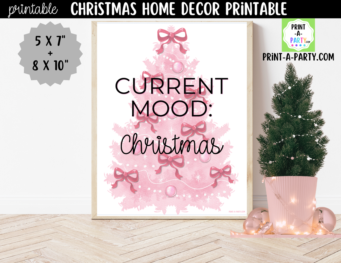 Pink Christmas Tree Printable Wall Art - Coquette Christmas Decor with Pink Bows - Pinkmas Sign 8x10 and 5x7