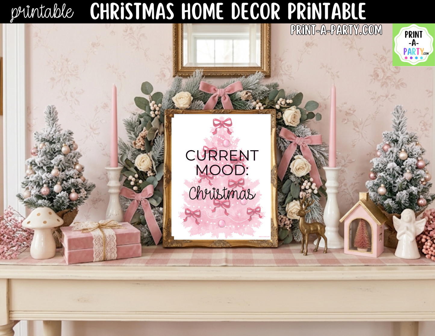 Pink Christmas Tree Printable Wall Art - Coquette Christmas Decor with Pink Bows - Pinkmas Sign 8x10 and 5x7