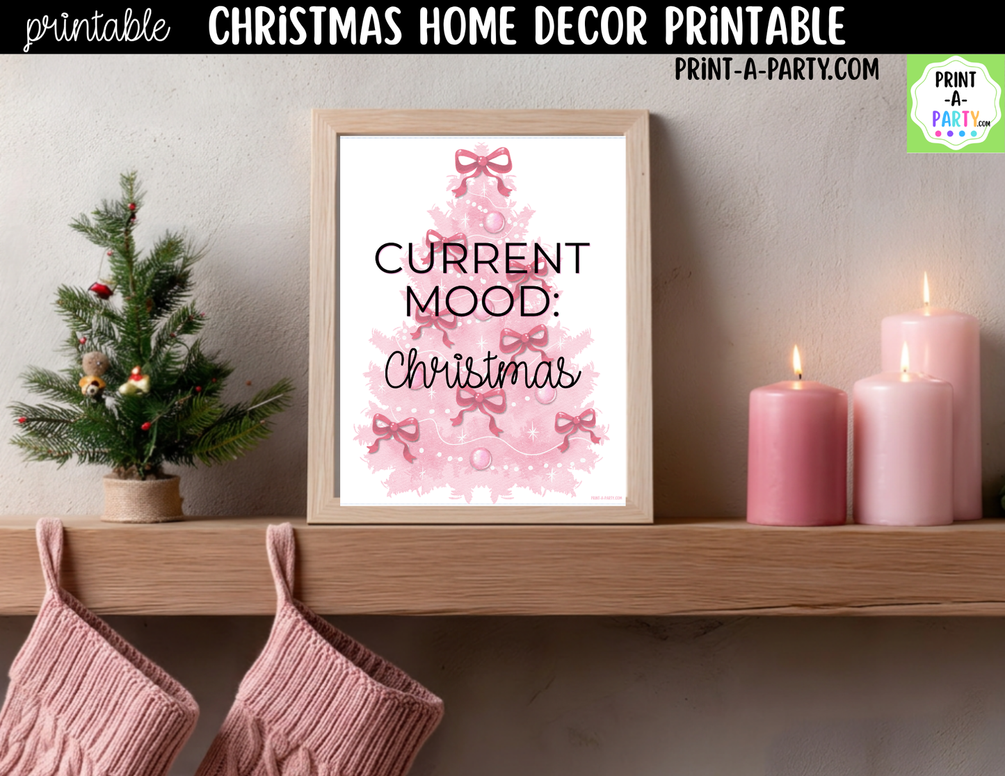 Pink Christmas Tree Printable Wall Art - Coquette Christmas Decor with Pink Bows - Pinkmas Sign 8x10 and 5x7