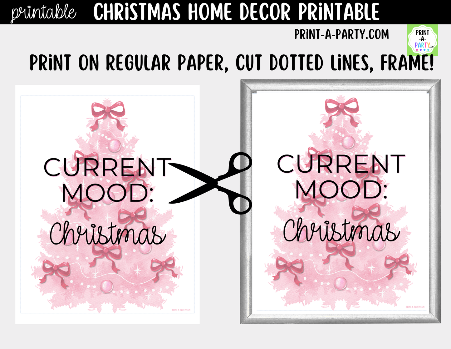 Pink Christmas Tree Printable Wall Art - Coquette Christmas Decor with Pink Bows - Pinkmas Sign 8x10 and 5x7