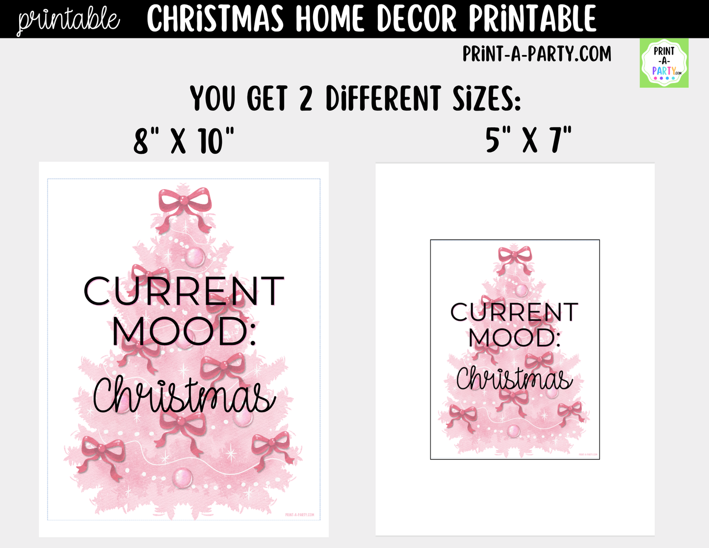 Pink Christmas Tree Printable Wall Art - Coquette Christmas Decor with Pink Bows - Pinkmas Sign 8x10 and 5x7