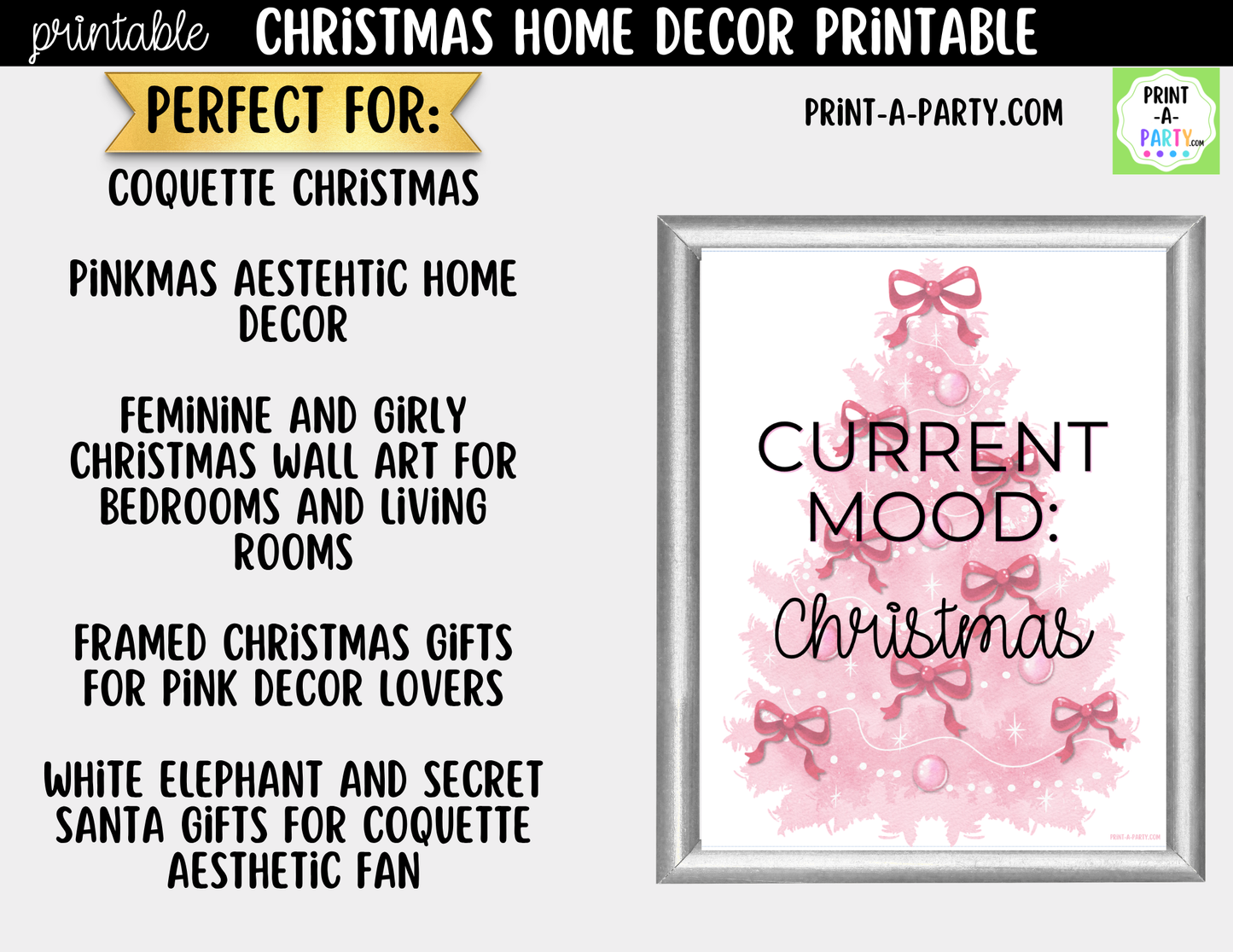 Pink Christmas Tree Printable Wall Art - Coquette Christmas Decor with Pink Bows - Pinkmas Sign 8x10 and 5x7
