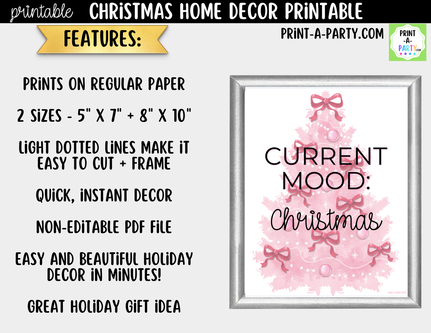 Pink Christmas Tree Printable Wall Art - Coquette Christmas Decor with Pink Bows - Pinkmas Sign 8x10 and 5x7