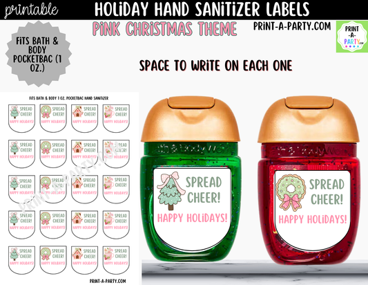 Pink Christmas Hand Sanitizer Labels Printable - Feminine Holiday Labels for 1 oz PocketBac Bottles