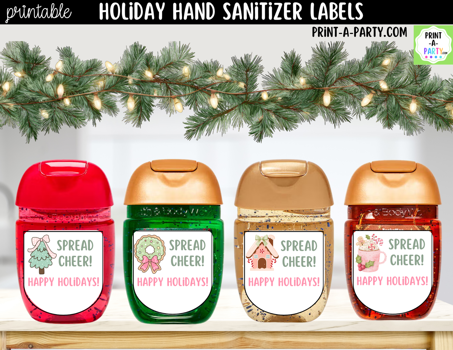 Christmas Hand Sanitizer Labels Printable - Pink Christmas Theme for 1 oz PocketBac Bottles