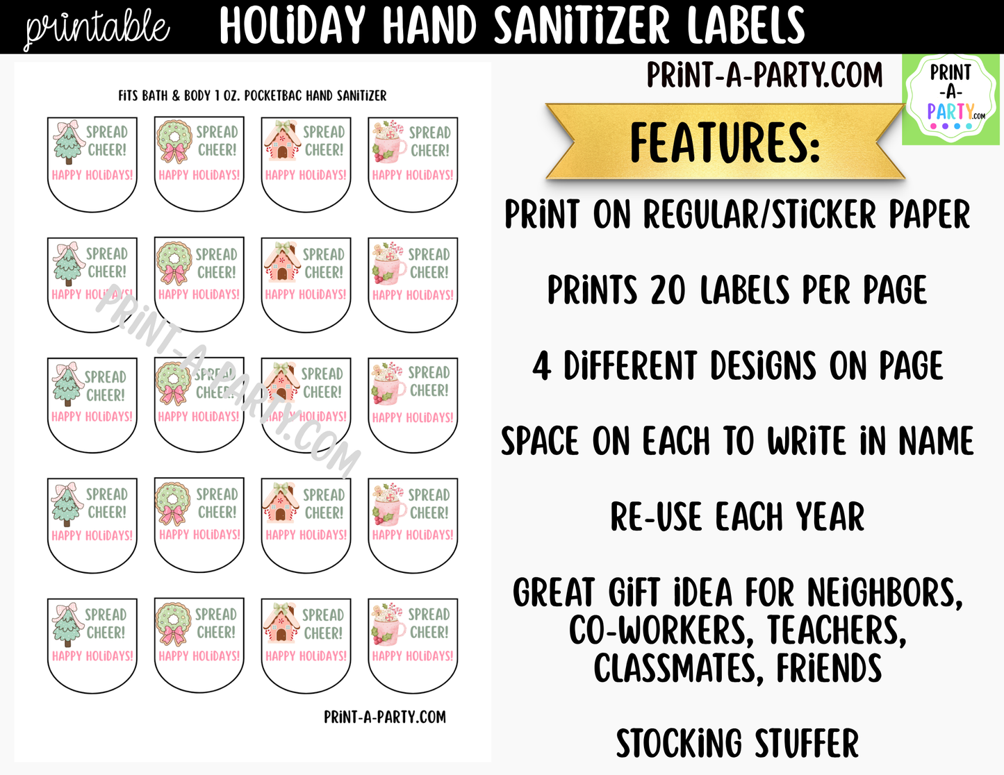 Christmas Hand Sanitizer Labels Printable - Pink Christmas Theme for 1 oz PocketBac Bottles