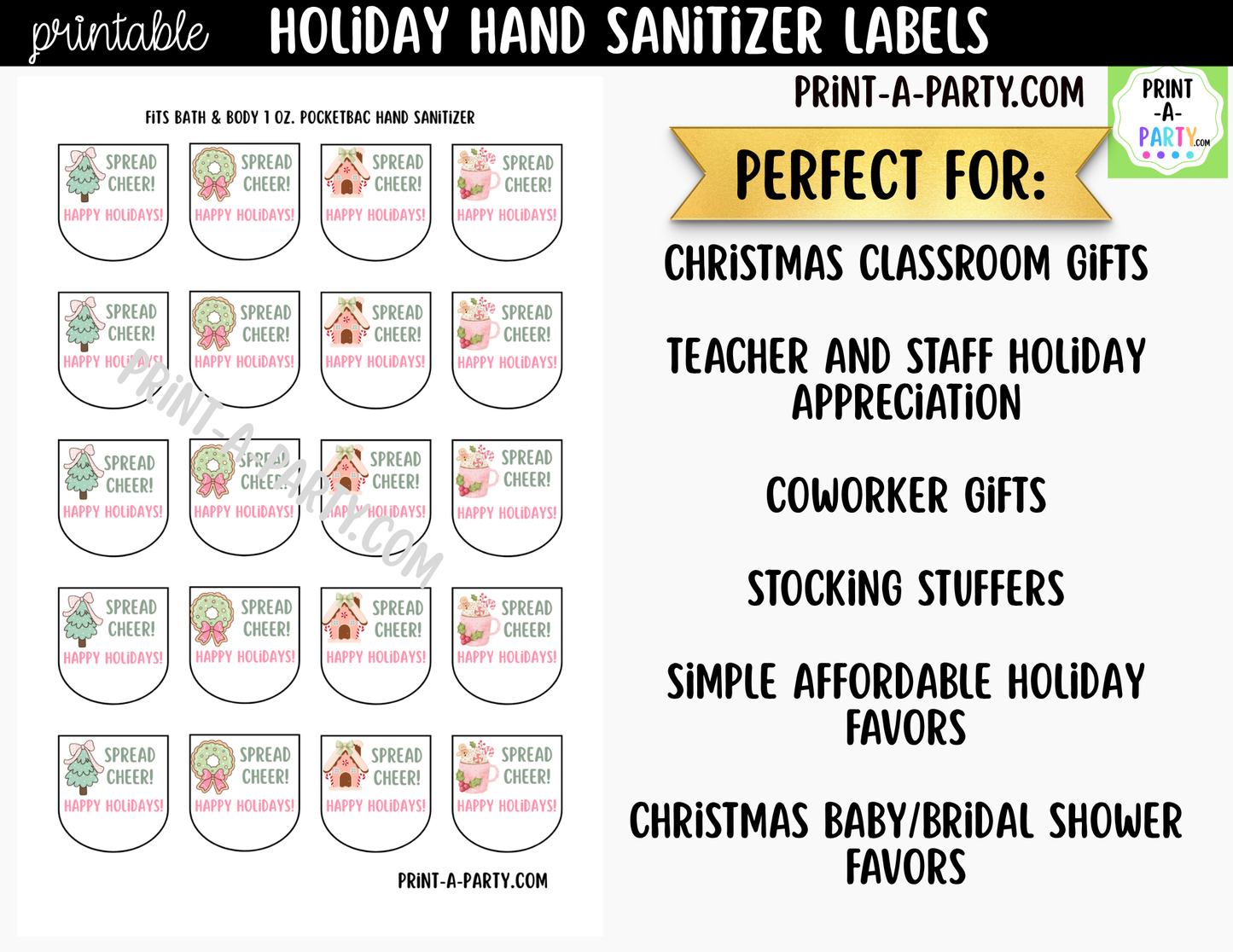 Christmas Hand Sanitizer Labels Printable - Pink Christmas Theme for 1 oz PocketBac Bottles