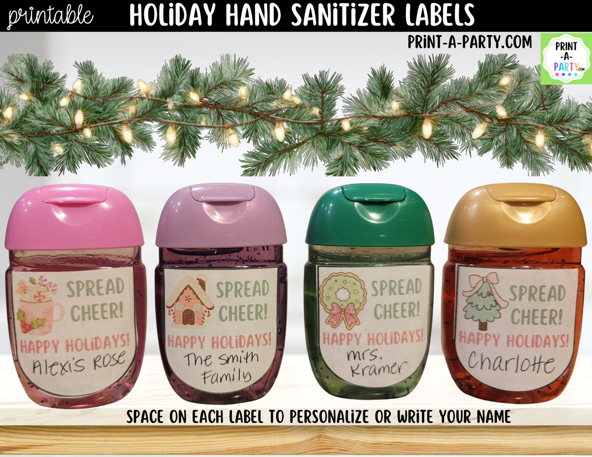 Christmas Hand Sanitizer Labels Printable - Pink Christmas Theme for 1 oz PocketBac Bottles