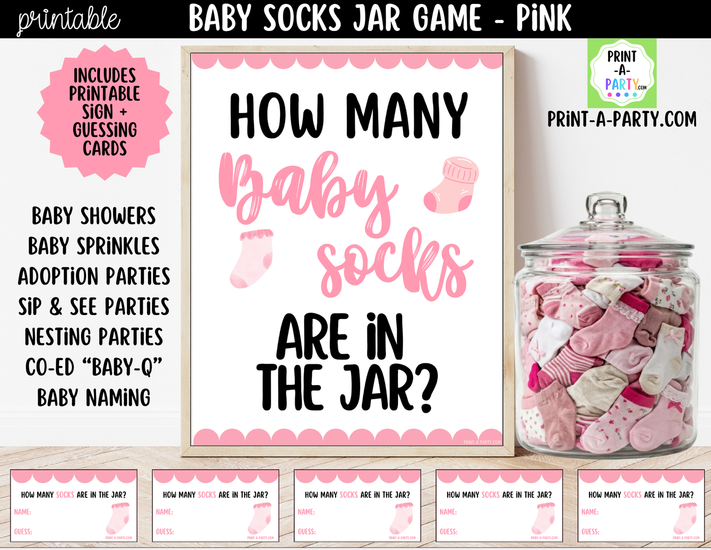 Baby Socks Jar Guessing Game Printable Sign (8x10) & Guessing Cards for Baby Girl Events