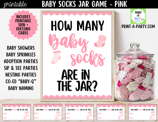Baby Socks Jar Guessing Game Printable Sign (8x10) & Guessing Cards for Baby Girl Events