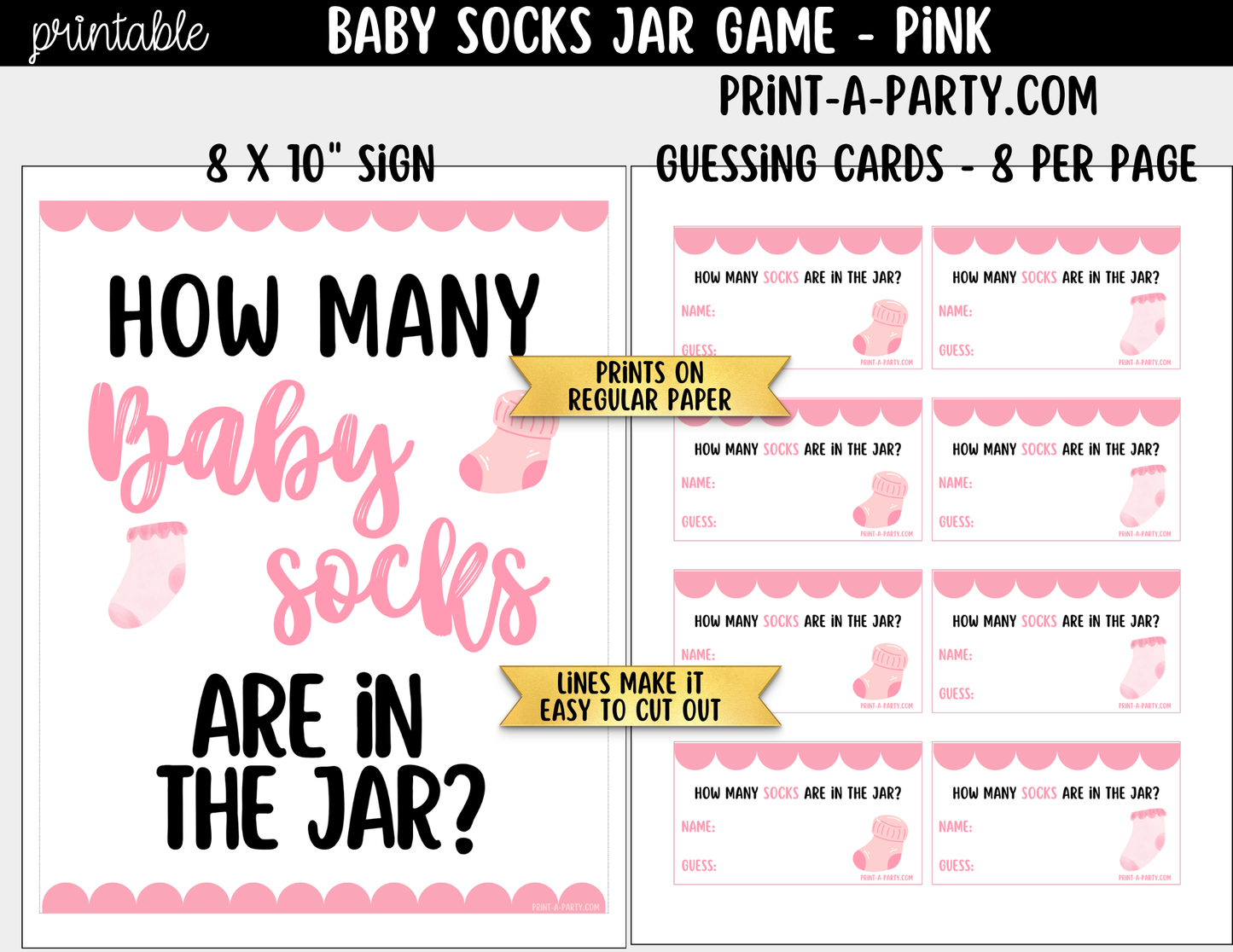 Baby Socks Jar Guessing Game Printable Sign (8x10) & Guessing Cards for Baby Girl Events