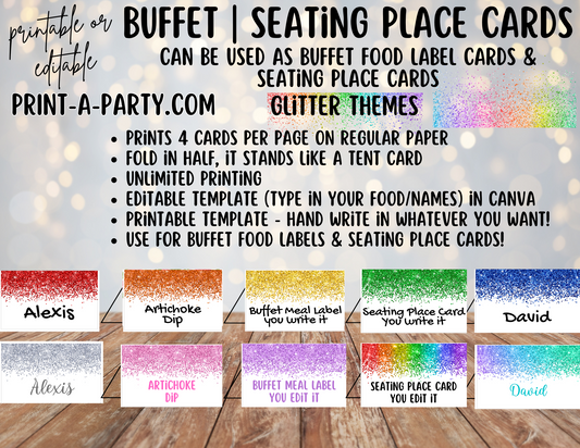 DIY Printable or Editable Buffet Food Label Cards or Seating Place Cards | GLITTER Theme Designs | Place Card Signs | Buffet Labels | Food Labels | Party Labels | Birthdays | Weddings | Showers | Babies