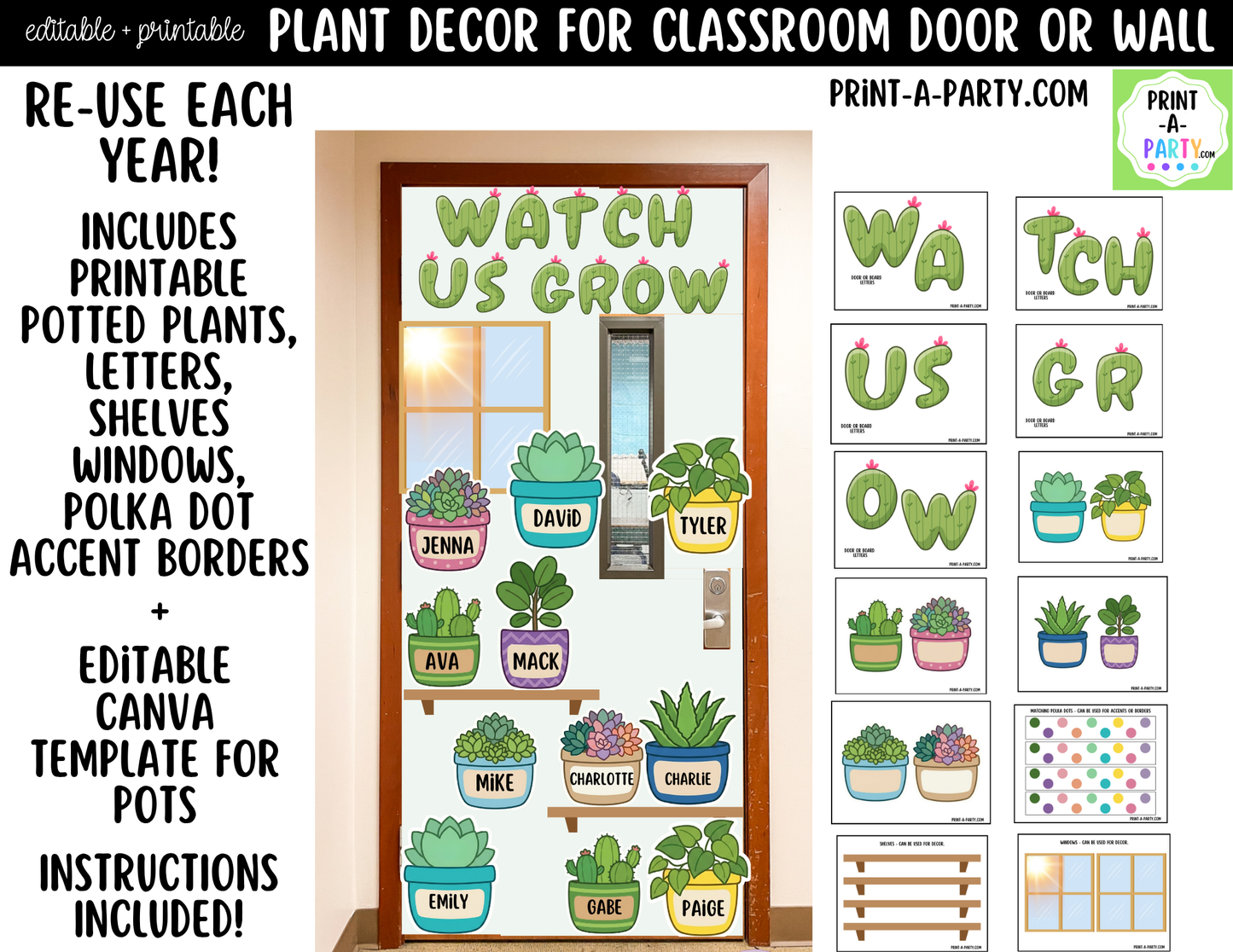 Plant-themed Printable Classroom Decor Kit for Doors, Boards, Hallways - Watch Us Grow