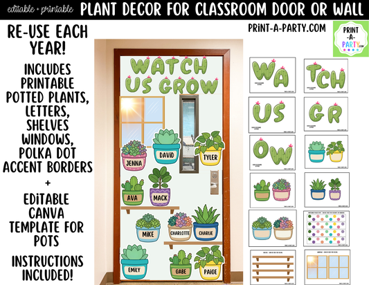 Plant-themed Printable Classroom Decor Kit for Doors, Boards, Hallways - Watch Us Grow
